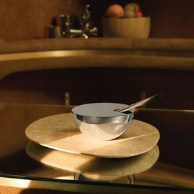Alessi Diffuser Set in Marble, polished 18/10 stainless steel canister with lid and reed diffuser stick, styled on gold tray in kitchen setting