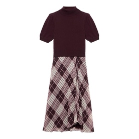Mint Velvet red mock-neck knit dress with short puff sleeves and contrast plaid midi skirt