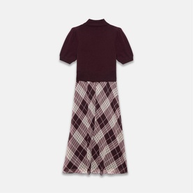 Mint Velvet red knit midi dress with short puff sleeves, mock neck, and plaid checked skirt in burgundy and cream tones.