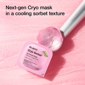 Dr.Jart+ Cryo Sorbet Icy Facial Mask in pink single-use sachet with cooling sorbet texture shown on pink background
