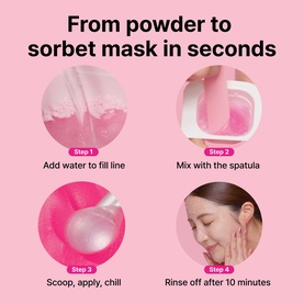 Dr Jart mask step-by-step usage guide: add water, mix, apply, and rinse off after 10 minutes. Pink powder-to-sorbet transformation shown.