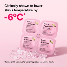 Dr.Jart+ Cryo Sorbet Icy Facial Masks, set of four pink sheet mask sachets on icy surface with cooling claim text