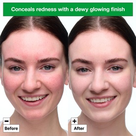 Dr Jart Cicapair Soothing Camo Drops SPF 20 before and after comparison showing redness concealment with a dewy glowing finish