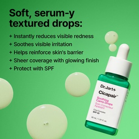 Dr Jart Cicapair Soothing Camo Drops SPF 20 bottle on green background with texture drops and key benefits listed