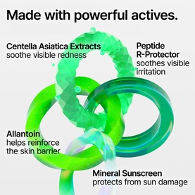 Dr Jart Cicapair Soothing Camo Drops SPF 20 ingredient infographic highlighting Centella Asiatica, Peptide R-Protector, Allantoin and Mineral