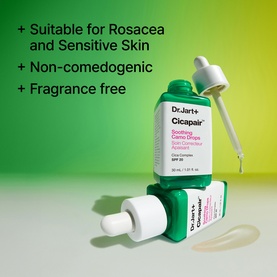 Dr Jart Cicapair Soothing Camo Drops SPF 20 tinted moisturiser in white pump bottle with green labelling, shown upright and on side
