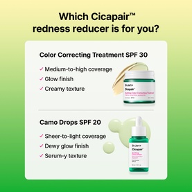 Dr Jart Cicapair Soothing Camo Drops SPF 20 and Cicapair Color Correcting Treatment SPF 30 comparison infographic showing coverage and texture details