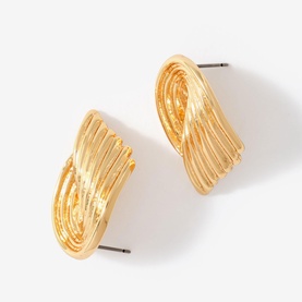 Mint Velvet Ridged Stud Earrings in gold, featuring a curved wing silhouette with multi-ridge detailing and post fastening