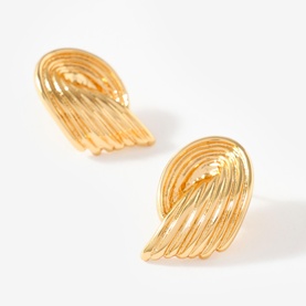 Mint Velvet Ridged Stud Earrings in gold, wing-shaped with multi-ridge detail and butterfly clasp fastening