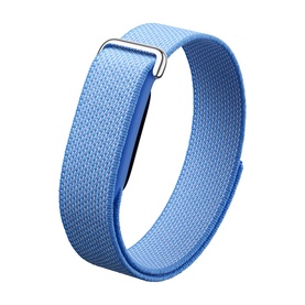Light blue woven nylon watch or fitness tracker strap with silver-tone buckle clasp, shown flat on white background