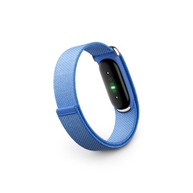 Blue fitness tracker with rectangular black display, green sensor, and woven nylon strap with silver clasp