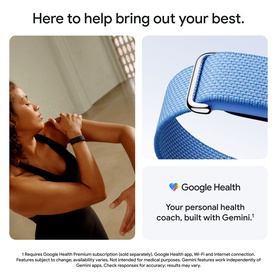 Model wearing a blue fitness tracker smartwatch on wrist, shown alongside a close-up of a blue woven band and Google Health branding.