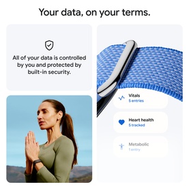 Lifestyle shot showing Google Fitbit health tracking features: a woman in yoga pose, blue wristband close-up, and health data screen displaying