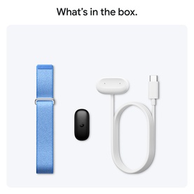 Google Pixel Watch blue band, black tracker, and white USB-C magnetic charging cable shown as box contents