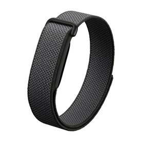 Black woven nylon loop watch strap with black buckle clasp, shown on a plain white background