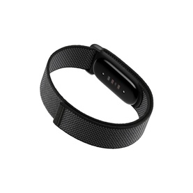 Black fitness tracker with woven-texture strap and small display, shown at an angle on a white background