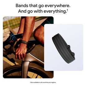 Model wearing black fitness tracker wristband while cycling, shown alongside a close-up of the black ridged band detail.
