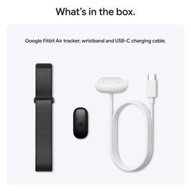 Google Fitbit Air tracker in black with mesh wristband and white USB-C charging cable, shown as complete in-box contents