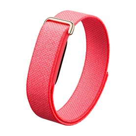 Red nylon loop fitness tracker band with gold-tone buckle clasp, shown flat on white background