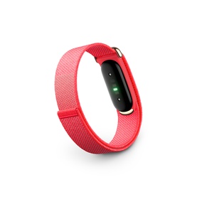 Red fitness tracker smart band with textured strap, gold-tone clasp, and small OLED display with green sensor lights