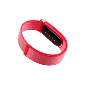 Red fitness tracker smart band with textured strap, gold-tone clasp, and dark display screen, shown at an angle