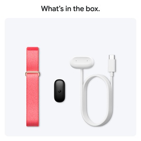 Google Pixel Watch band in coral pink, black watch body, and white USB-C charging cable laid flat on white background