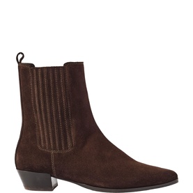 Mint Velvet brown suede ankle boot with pointed toe, block heel, and elasticated side panel detail