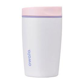 Owala SmoothSip Slider Travel Mug in Candy Coated, white insulated stainless steel cup with pink and lilac lid, 12oz