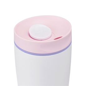 Owala SmoothSip&reg; Slider Travel Mug Candy Coated 12oz, white body with pastel pink lid and purple accent band, close-up top view