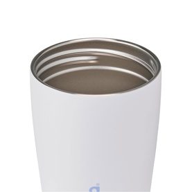 Owala SmoothSip Slider Travel Mug in Candy Coated white, close-up top view showing open lid and stainless steel interior, 12oz