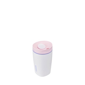 Owala SmoothSip Slider Travel Mug in Candy Coated, white body with pale pink lid, compact cup-holder-friendly design, 12oz