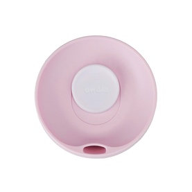 Owala SmoothSip Slider Travel Mug in Candy Coated pink, top-down view showing white slider lid with drinking spout opening.