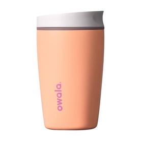 Owala SmoothSip&reg; Slider Travel Mug in Peachy Keen, 12oz insulated stainless steel cup with white slider lid