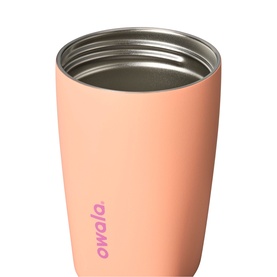 Owala SmoothSip Slider Travel Mug in Peachy Keen, 12oz, peach matte finish insulated stainless steel, open lid view