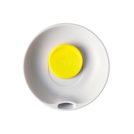 Owala SmoothSip Slider Travel Mug lid in Peachy Keen, white with yellow button, viewed from above showing spout opening.