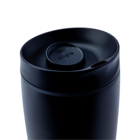 Owala SmoothSip Slider Travel Mug in Very Very Dark, 12oz, showing close-up of leakproof lid with patented SmoothSip spout detail.