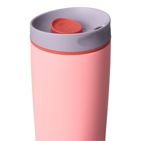 Owala SmoothSip Slider Travel Mug in Sugar High, coral pink with grey lid and red push-button spout, 20oz insulated stainless steel