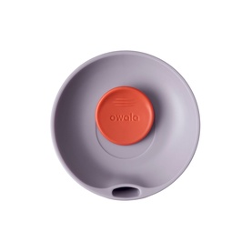 Owala SmoothSip Slider Travel Mug in Sugar High, overhead view of lid showing orange slider button on lilac base.