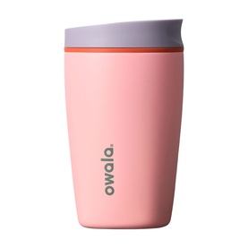 Owala SmoothSip&reg; Slider Travel Mug in Sugar High, 12oz pink insulated stainless steel cup with grey sliding lid