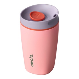 Owala SmoothSip Slider Travel Mug in Sugar High, coral pink insulated stainless steel cup with grey sliding lid and orange accent button, 12oz