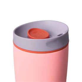 Owala SmoothSip Slider Travel Mug in Sugar High, close-up of grey lid with coral orange sliding spout mechanism, 12oz
