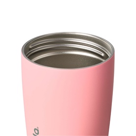 Owala SmoothSip Slider Travel Mug in Sugar High pink, close-up of open lid showing stainless steel interior, 12oz