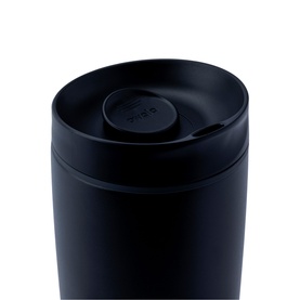 Owala SmoothSip Slider Travel Mug in Very Very Dark, 20oz, showing close-up of patented SmoothSip spout and leakproof lid detail.