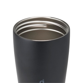 Owala SmoothSip Slider Travel Mug in Very Very Dark, 20oz, showing open lid with stainless steel interior and matte dark exterior.
