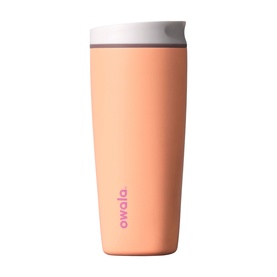 Owala SmoothSip&reg; Slider Travel Mug in Peachy Keen, 20oz insulated stainless steel cup with white lid