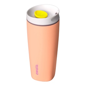 Owala SmoothSip&reg; Slider Travel Mug in Peachy Keen, peach stainless steel tumbler with white lid and yellow slider button, 20oz