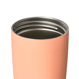 Owala SmoothSip Slider Travel Mug in Peachy Keen 20oz, close-up of open top showing insulated stainless steel interior