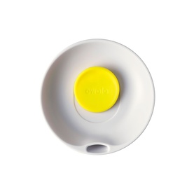 Owala SmoothSip Slider Travel Mug in Peachy Keen, top-down view showing grey lid with yellow sliding button and spout opening.