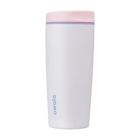 Owala SmoothSip&reg; Slider Travel Mug Candy Coated 20oz in white with pink and lilac lid, insulated stainless steel travel mug