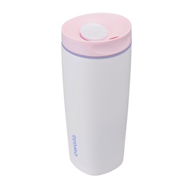 Owala SmoothSip Slider Travel Mug in Candy Coated, white body with pale pink flip lid, 20oz insulated stainless steel